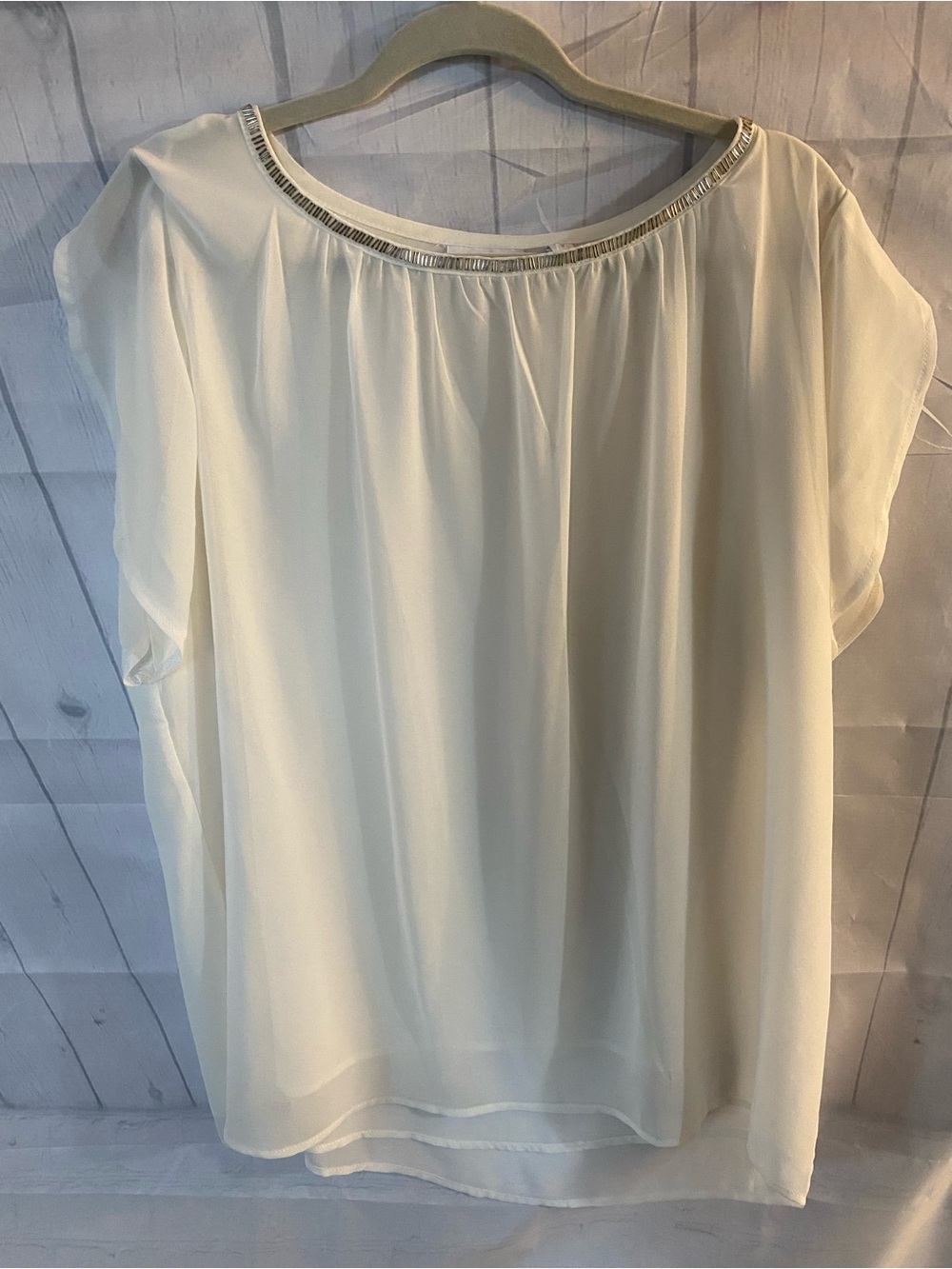 New York & Company Cream Short Flutter Sleeve Blouse with Beaded Neckline